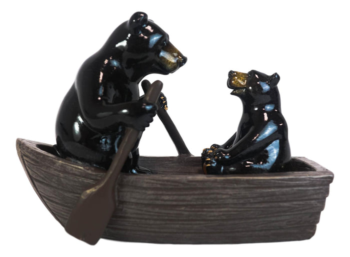Western Rustic Black Bears Father And Son Family Rowing Canoe Boat Figurine