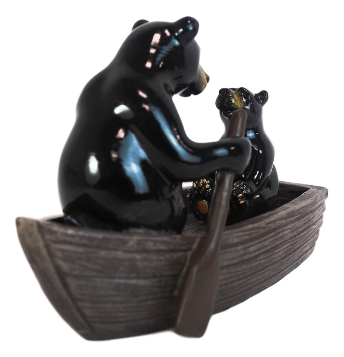 Western Rustic Black Bears Father And Son Family Rowing Canoe Boat Figurine