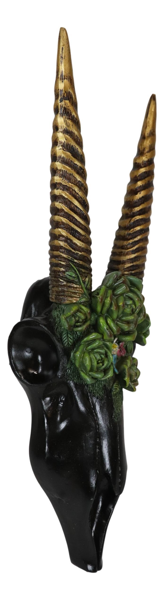 Western Rustic Black Rhim Gazelle Antelope Skull With Roses Wall Trophy Decor