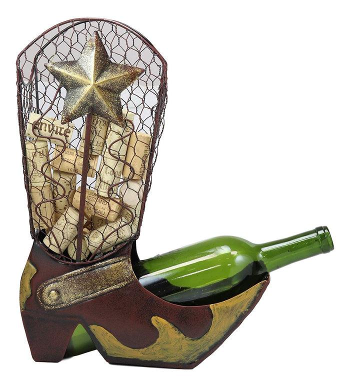 Western Rustic Cowboy Cowgirl Boot Texas Star Decorative Cork And Wine Holder