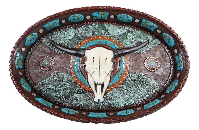 Western Rustic Cowboy Texas Longhorn Skull Turquoise Conchos Dish Tray 12"L