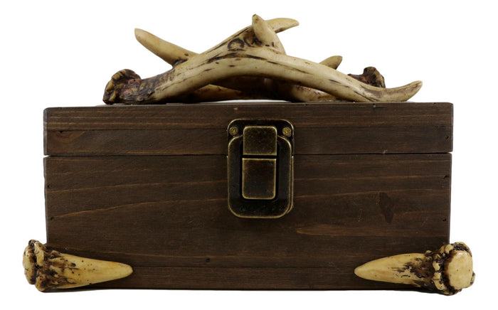 Western Rustic Elk Deer Stag Antlers Hinged Wooden Decorative Jewelry Box 8"L
