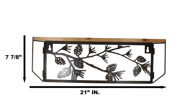Western Rustic Forest Woodlands Pinecones Metal Cutout Wall Hanging Wood Shelf