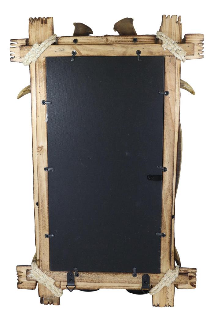 Western Rustic Stag Deer Antlers Rack On Wooden Logs Wall Mirror Plaque 22'H