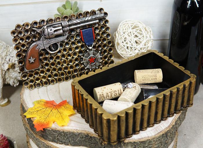 Western Six Shooter Pistol Ammo Shells Gold Tone Bullets Decorative Box 5"L