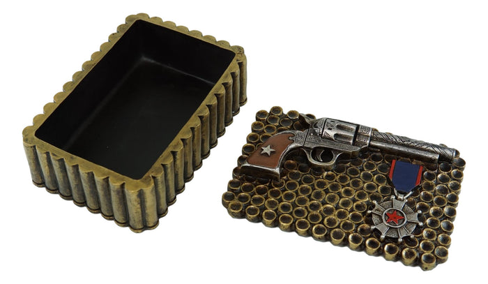 Western Six Shooter Pistol Ammo Shells Gold Tone Bullets Decorative Box 5"L