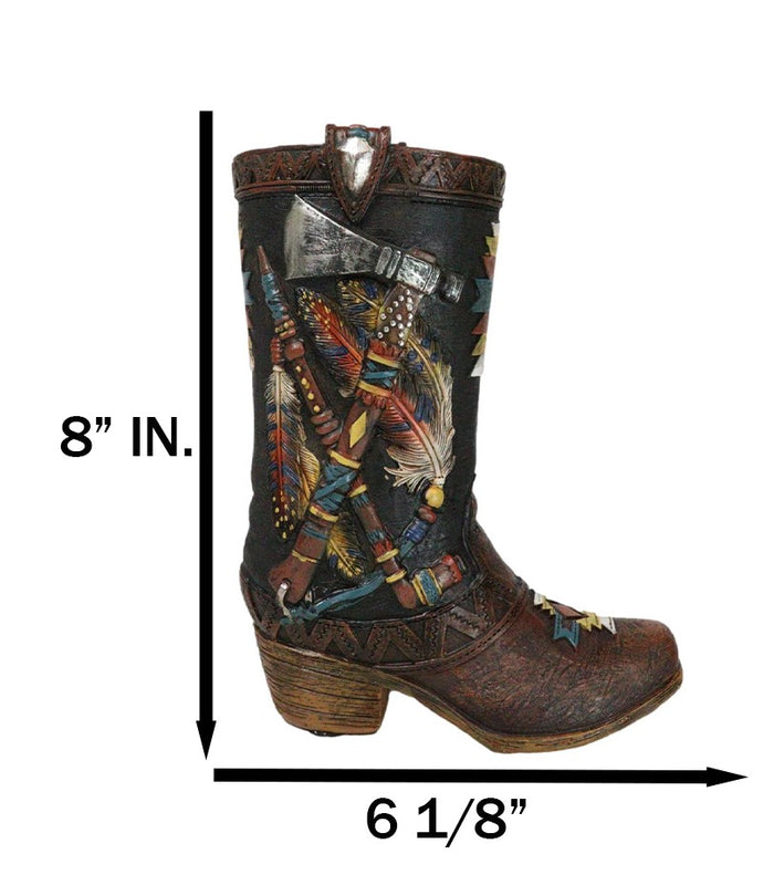 Western Tribal Native Indian Hand Axe Peace Pipe And Feathers Cowboy Boot Vase
