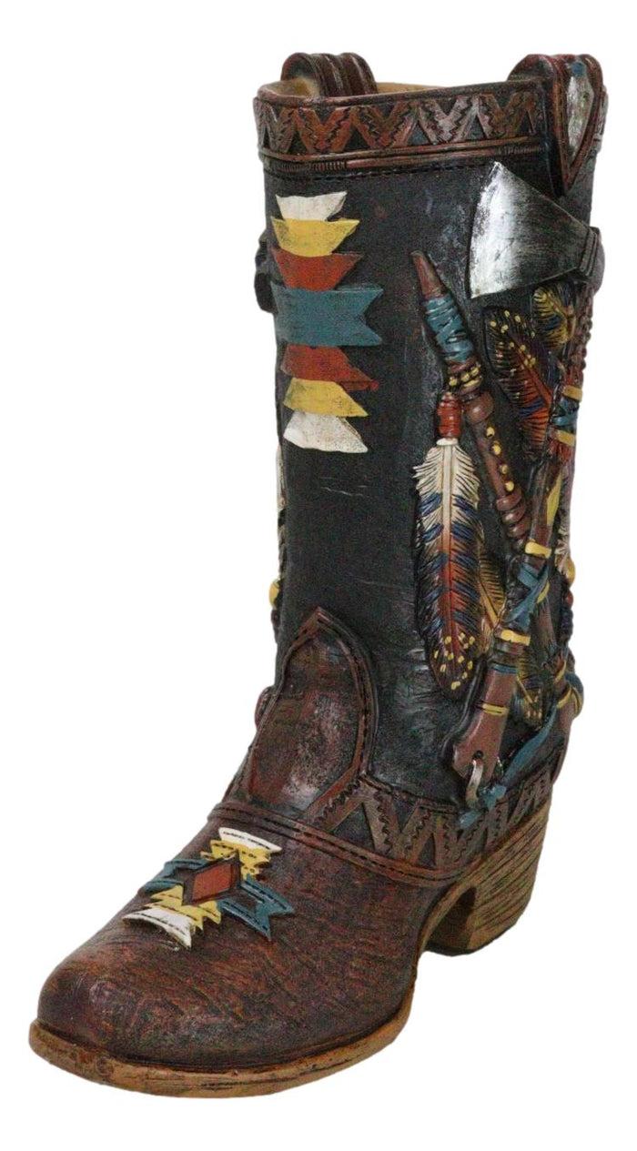 Western Tribal Native Indian Hand Axe Peace Pipe And Feathers Cowboy Boot Vase