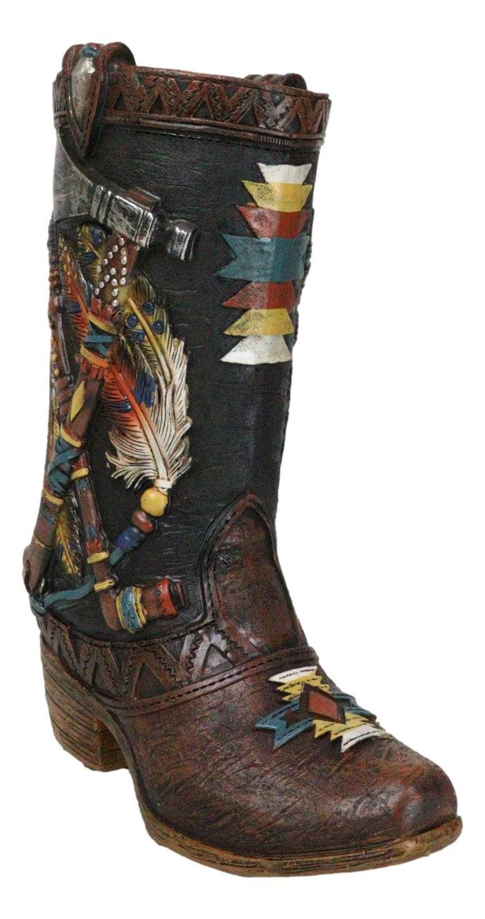Western Tribal Native Indian Hand Axe Peace Pipe And Feathers Cowboy Boot Vase