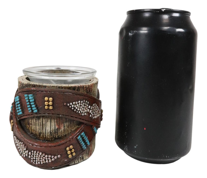 Western Turquoise Belt Buckle Crossed On Faux Wood Trunk Votive Candle Holder