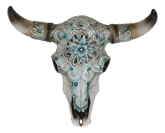 Western Turquoise Floral Horned Cow Skull Wall Decor Plaque