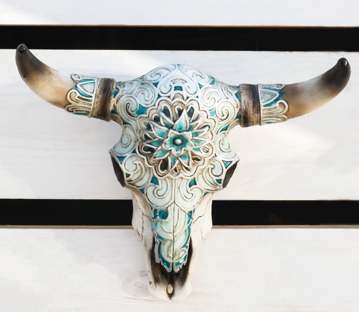 Western Turquoise Floral Horned Cow Skull Wall Decor Plaque Western Turquoise Floral Horned Cow Skull Wall Decor Plaque