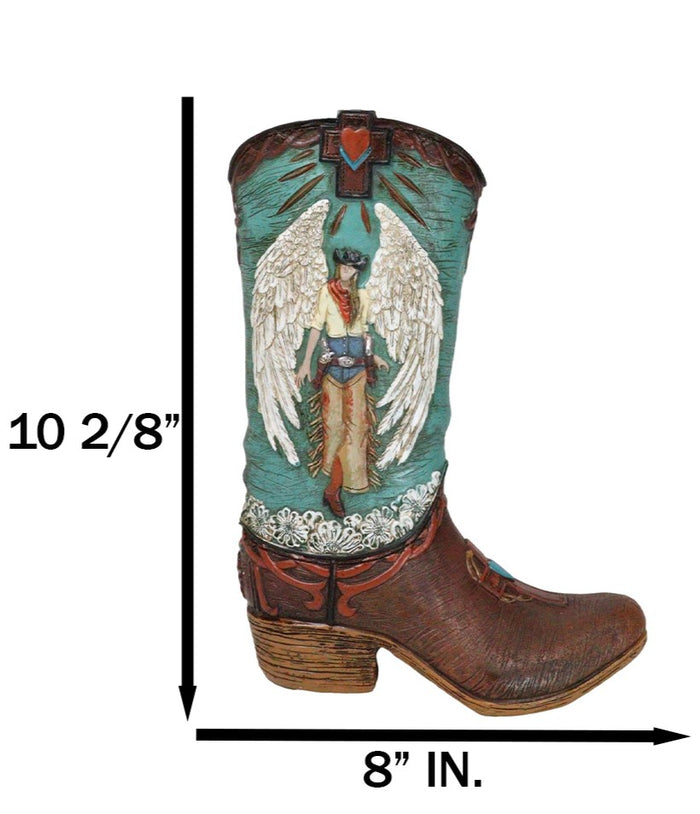 Western Turquoise Heart Cross Angel Winged Cowgirl Faux Leather Boot Vase Decor