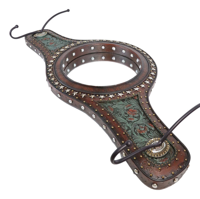 Western Turquoise Horse Saddle Wall Mirror W/ Towel Hooks In Faux Tooled Leather