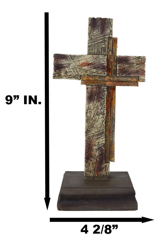 Western Vintage Distressed Layered Wood Grain Pattern Faux Wooden Desktop Cross