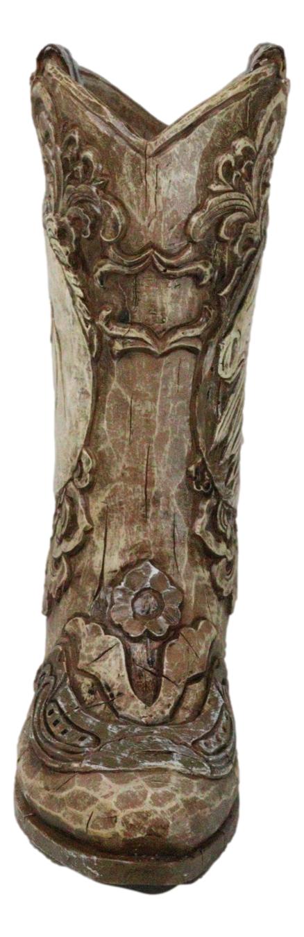 Western Wild Horse With Floral Scrollwork Faux Wood Cowboy Boot Vase Holder