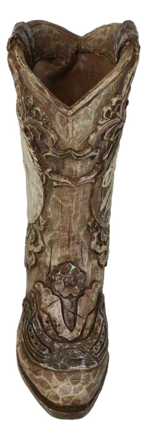 Western Wild Horse With Floral Scrollwork Faux Wood Cowboy Boot Vase Holder