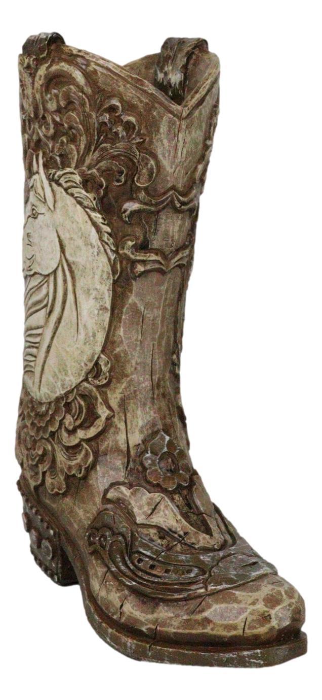 Western Wild Horse With Floral Scrollwork Faux Wood Cowboy Boot Vase Holder