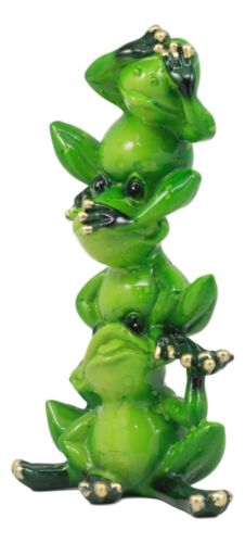 Whimsical Acrobatic See Hear And Speak No Evil Frogs Totem Statue 5.75"Tall