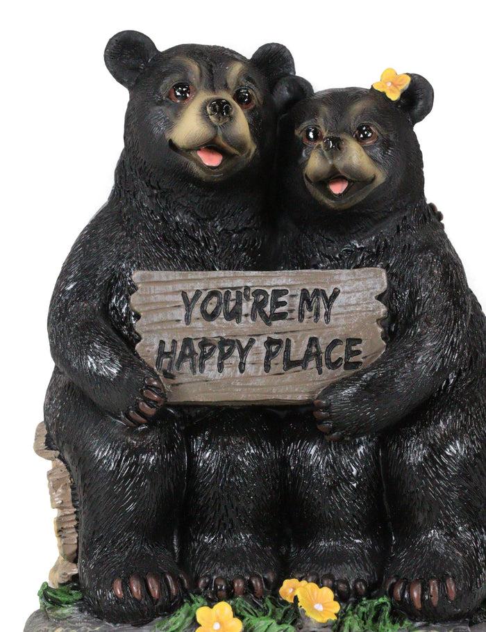 Whimsical Black Bears Couple On Tree Log You're My Happy Place Sign Figurine