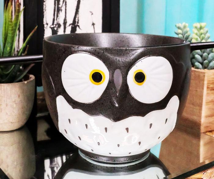 Whimsical Ceramic Black Owl Ramen Udong Noodles Soup Bowl With Chopsticks Set
