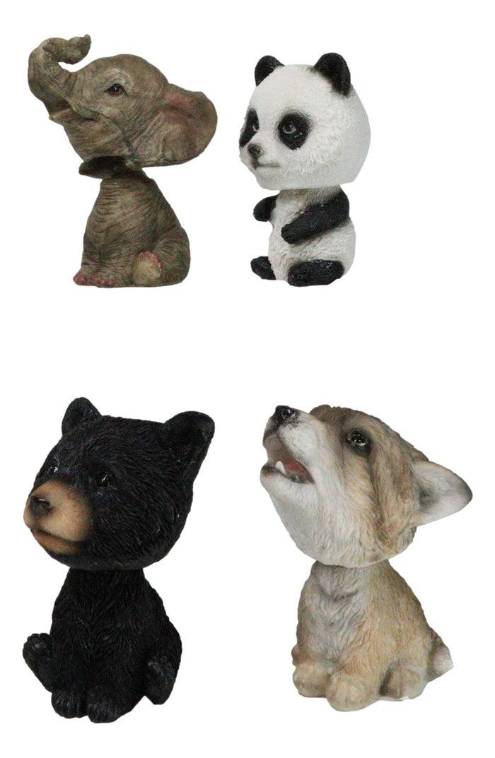 Whimsical Elephant Panda Black Bear And Wolf Set Of 4 Mini Bobblehead Figurines