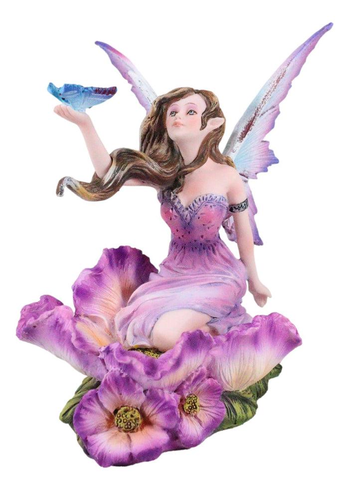 Whimsical Fantasy Fuchsia Pink Flower Fairy With Blue Butterfly Figurine