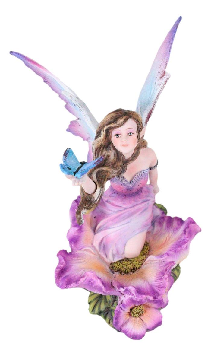 Whimsical Fantasy Fuchsia Pink Flower Fairy With Blue Butterfly Figurine