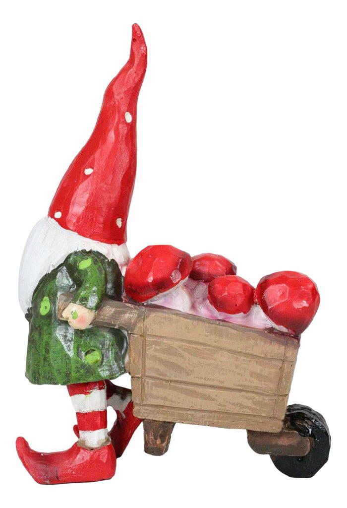 Whimsical Farmer Gnome Pulling Farm Mushrooms Wheelbarrow Fairy Garden Figurine