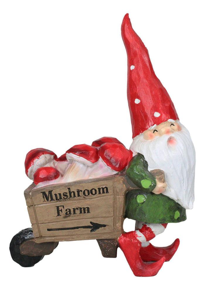 Whimsical Farmer Gnome Pulling Farm Mushrooms Wheelbarrow Fairy Garden Figurine