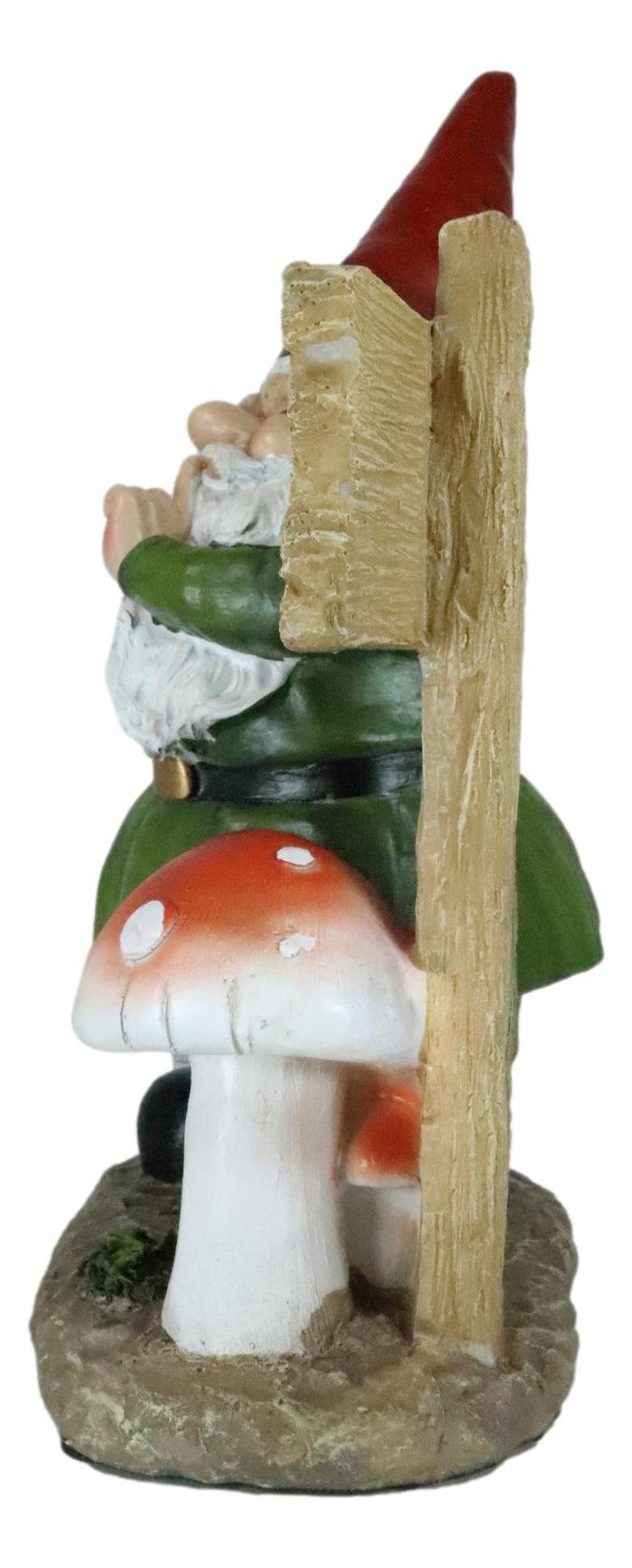Whimsical Garden Gnome With Toadstool Mushroom And SHHH Quiet Yard Sign Statue