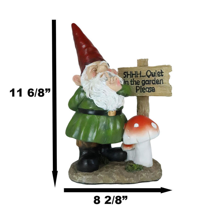 Whimsical Garden Gnome With Toadstool Mushroom And SHHH Quiet Yard Sign Statue
