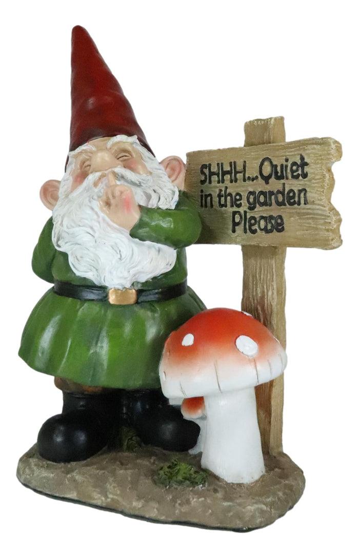 Whimsical Garden Gnome With Toadstool Mushroom And SHHH Quiet Yard Sign Statue