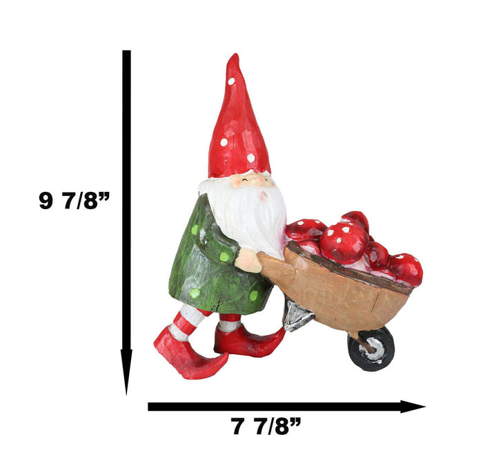Whimsical Garden Mr Grandpa Gnome Pushing Toadstool Mushrooms Wheelbarrow Statue