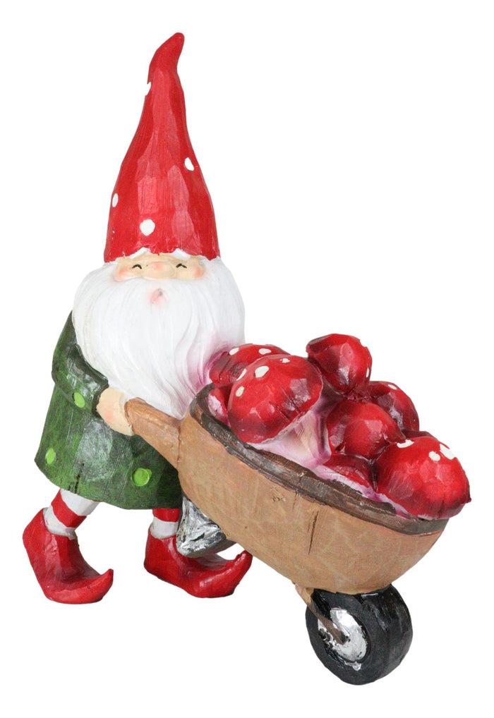 Whimsical Garden Mr Grandpa Gnome Pushing Toadstool Mushrooms Wheelbarrow Statue