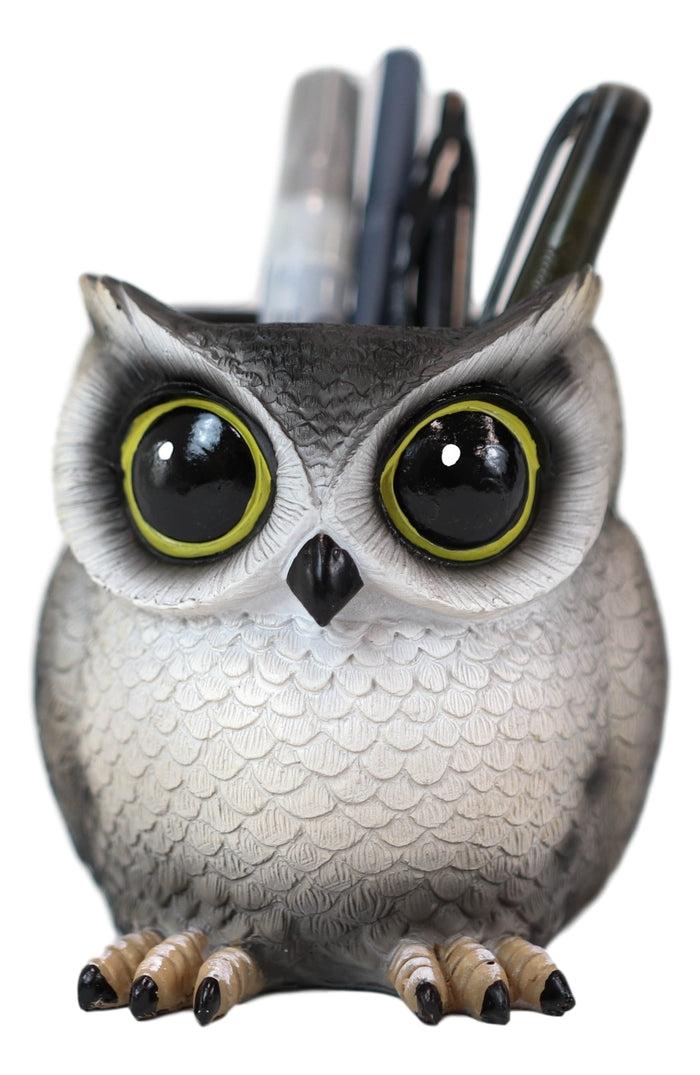Whimsical Great Horned Owl Owlet Baby Stationery Pen Make Up Brush Holder Statue