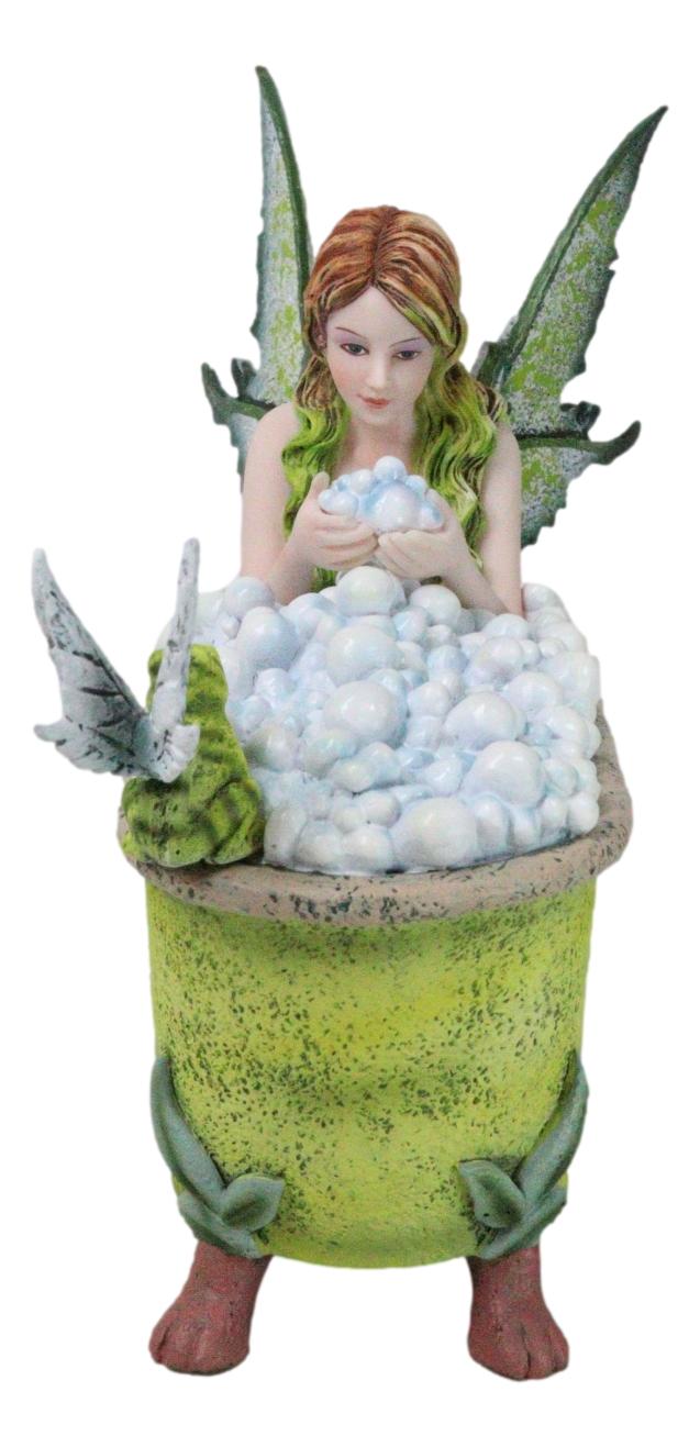 Whimsical Green Fairy Bathing In Tub With Pixie Frog Figurine By Amy Brown