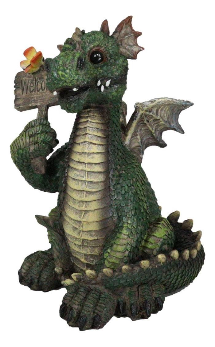 Whimsical Green Garden Dragon With Butterfly With Welcome Plank Sign Figurine