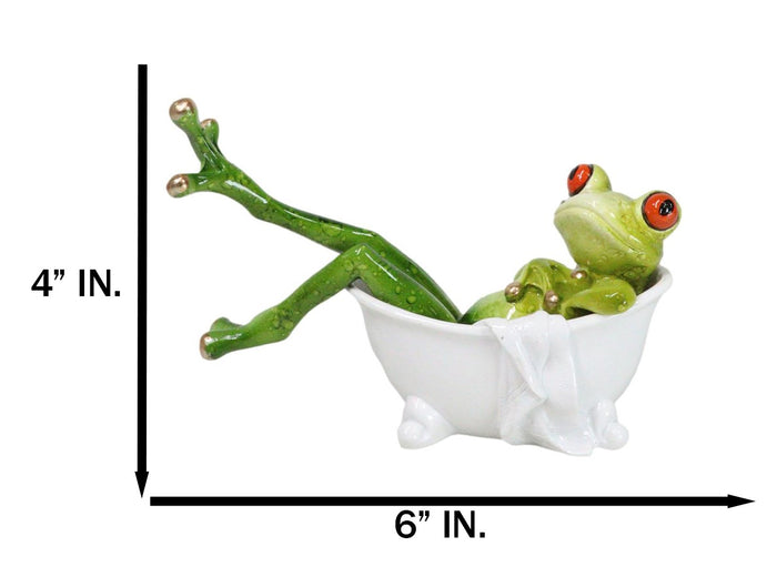 Whimsical Green Lady Diva Frog With Golden Nails Soaking In Bath Tub Figurine