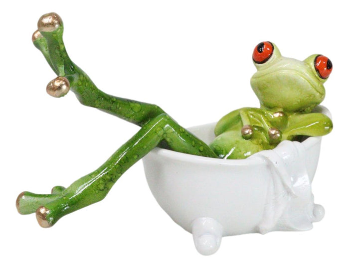 Whimsical Green Lady Diva Frog With Golden Nails Soaking In Bath Tub Figurine