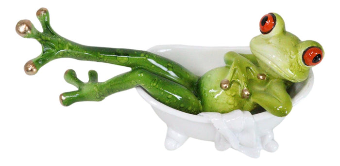 Whimsical Green Lady Diva Frog With Golden Nails Soaking In Bath Tub Figurine