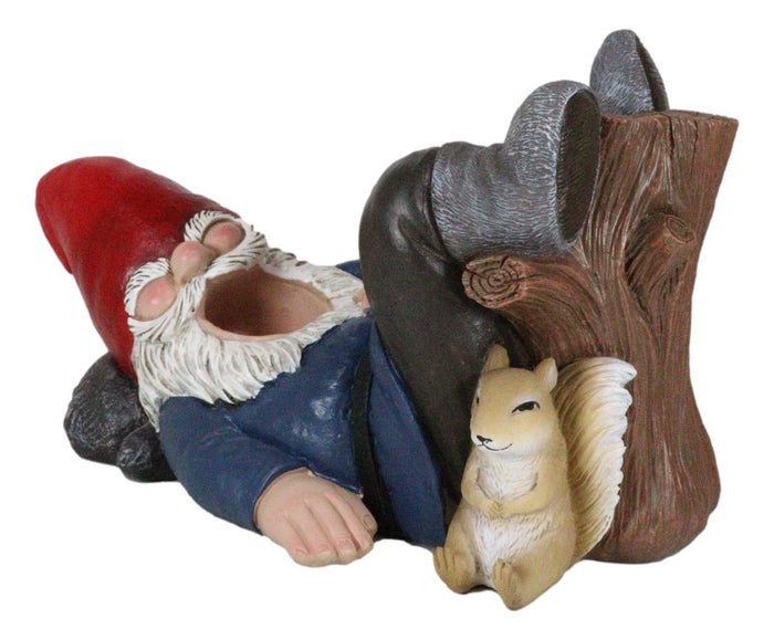 Whimsical Holiday Tipsy Drunk Garden Gnome Sleeping Near Squirrel Wine Holder