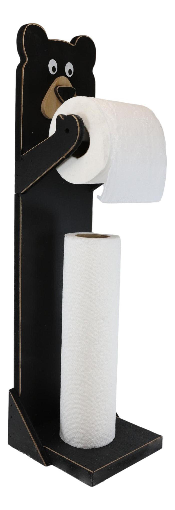 Whimsical Kids Rustic Black Bear Cub Toilet Paper Holder Floor Stand W/ Storage