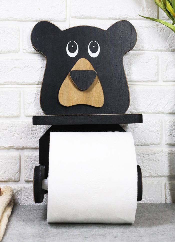 Whimsical Kids Rustic Black Bear Cub Toilet Paper Holder With Cell Phone Stand