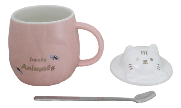 Whimsical Pastel Pink Feline Kitty Cat Cup Mug With Lid And Stirring Spoon