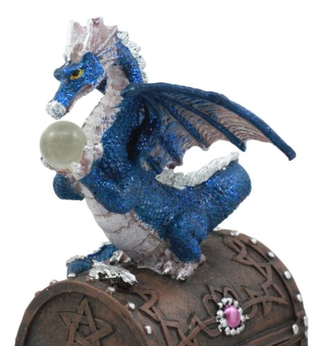 Whimsical Pixie Blue Dragon Guarding Celtic Treasure Chest Trinket Box 6.5"Tall