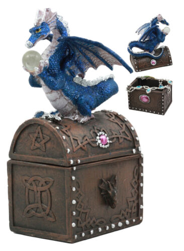 Whimsical Pixie Blue Dragon Guarding Celtic Treasure Chest Trinket Box 6.5"Tall