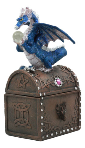 Whimsical Pixie Blue Dragon Guarding Celtic Treasure Chest Trinket Box 6.5"Tall