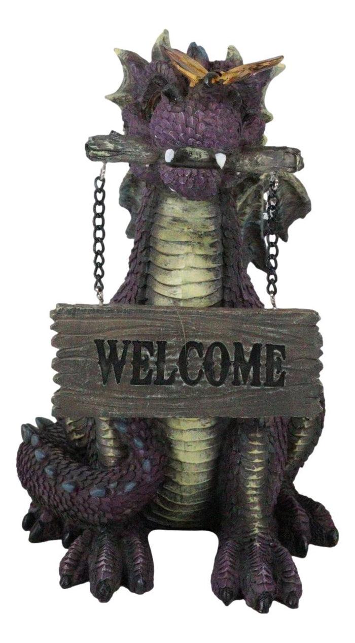Whimsical Purple Garden Dragon With Butterfly Biting Welcome Plank Sign Figurine