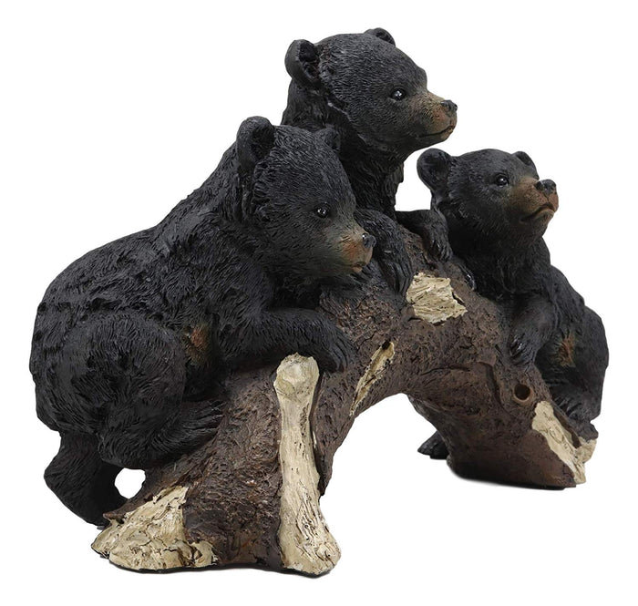 Whimsical Rustic Forest 3 Black Bear Cubs Climbing On Arched Log Statue 12.25"L